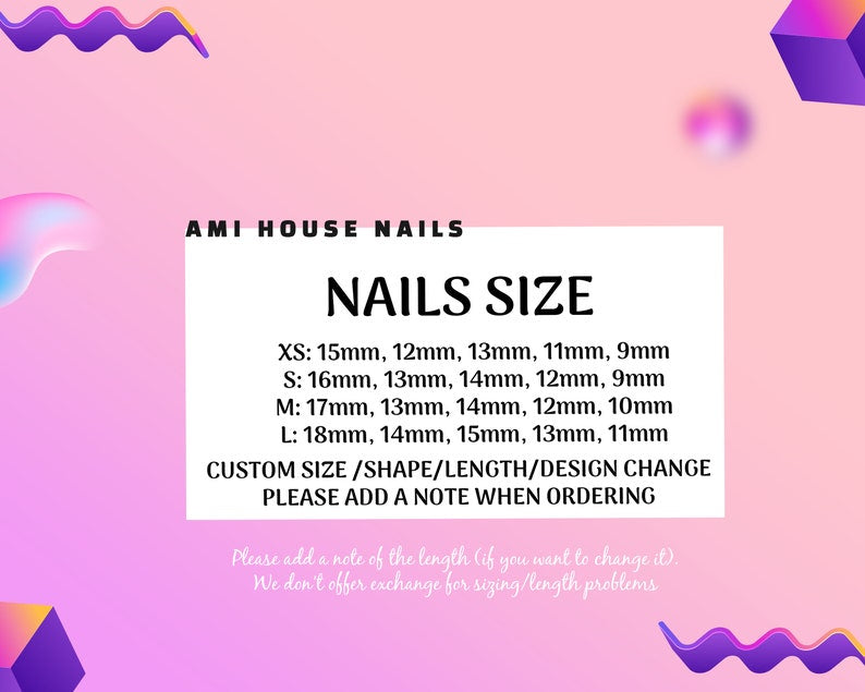Nail size chart for AMI House Nails on a pink background with purple geometric shapes.
