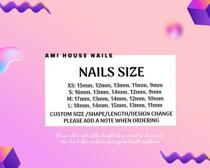 Nail size chart for AMI House Nails on a pink background with purple geometric shapes.