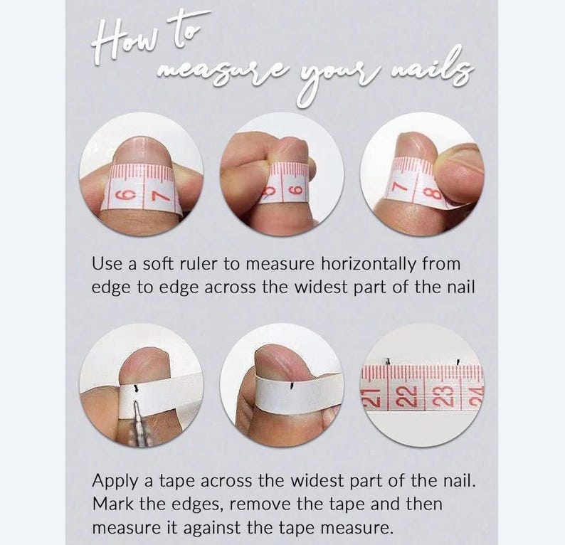 Instructions on how to measure nails using a soft ruler and tape measure.
