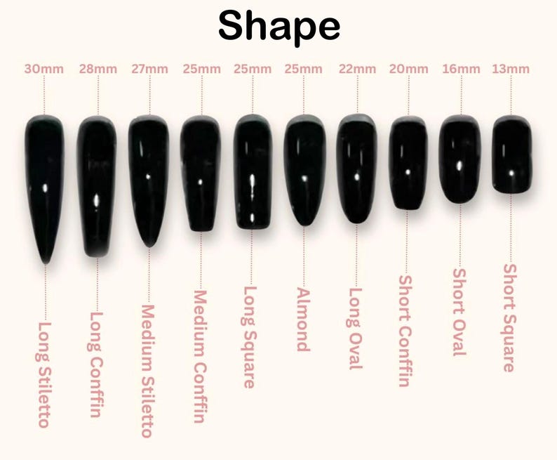 Nail shape chart with various black nail forms labeled on a white background
