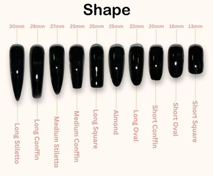 Nail shape chart with various black nail forms labeled on a white background