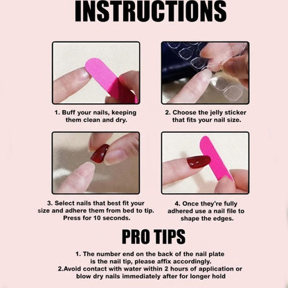 Instructions for using nail extensions with images and text on a pink background