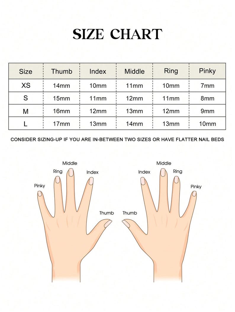 Size chart for nail products with measurements and hand illustrations.