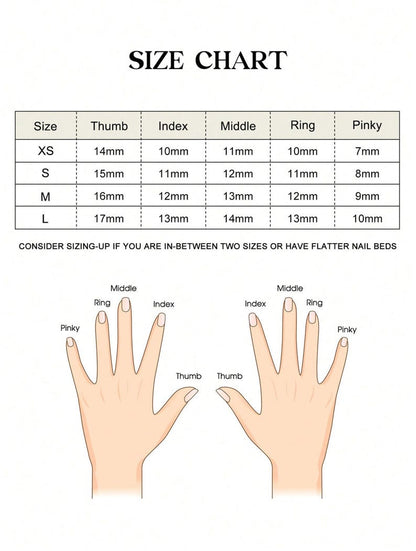 Size chart for nail products with measurements and hand illustrations.