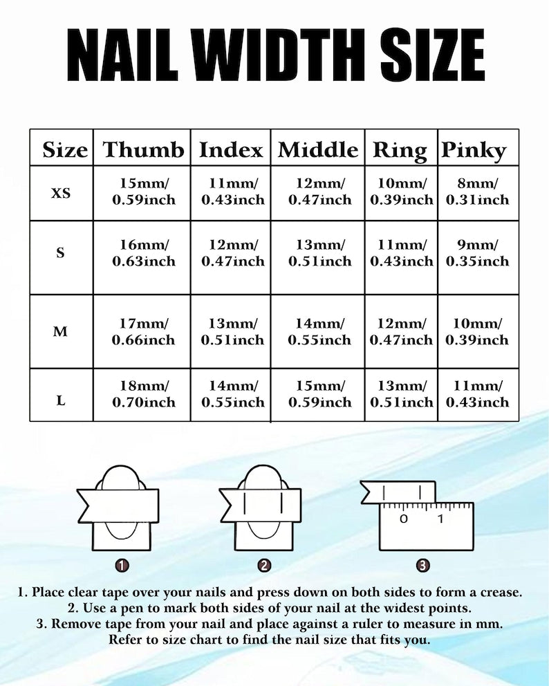 Nail width size chart with measurements for different finger sizes on a blue background.