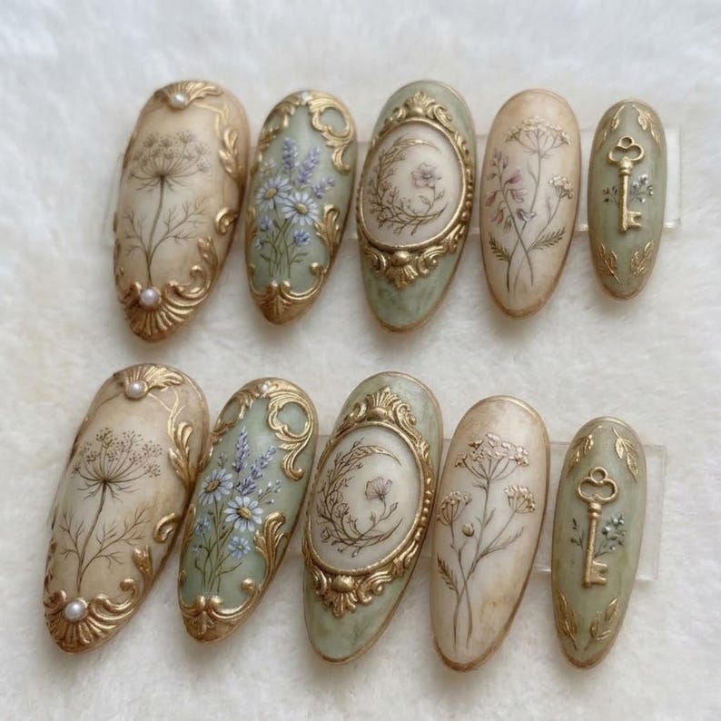 Elegant vintage floral nails with ornate gold frame accents