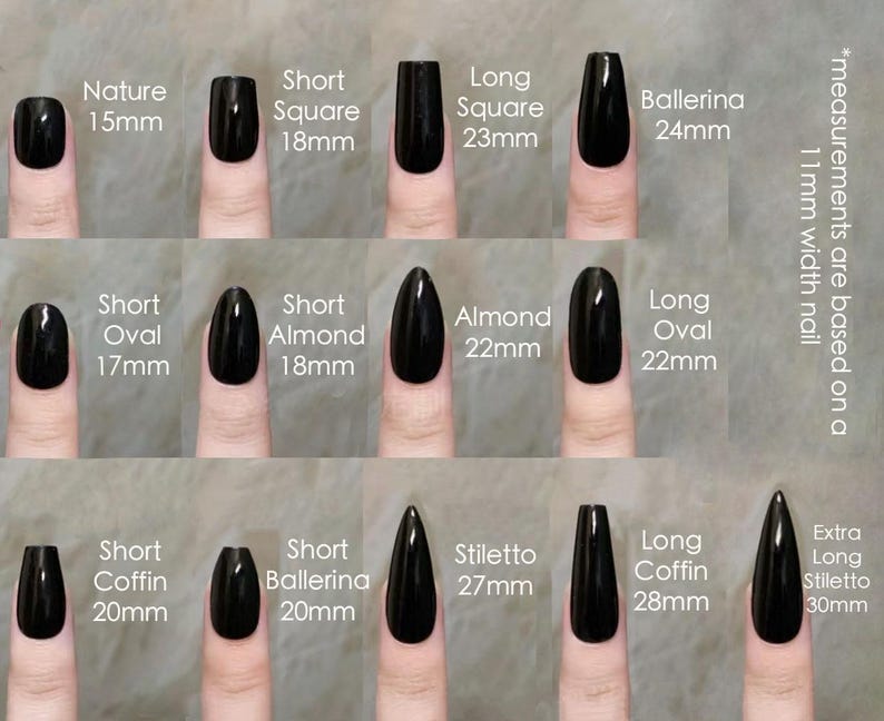 Comparison chart of different nail shapes and measurements on a neutral background