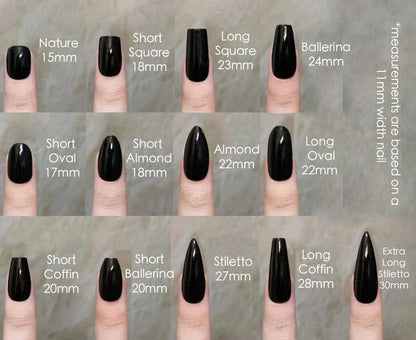 Comparison chart of different nail shapes and measurements on a neutral background