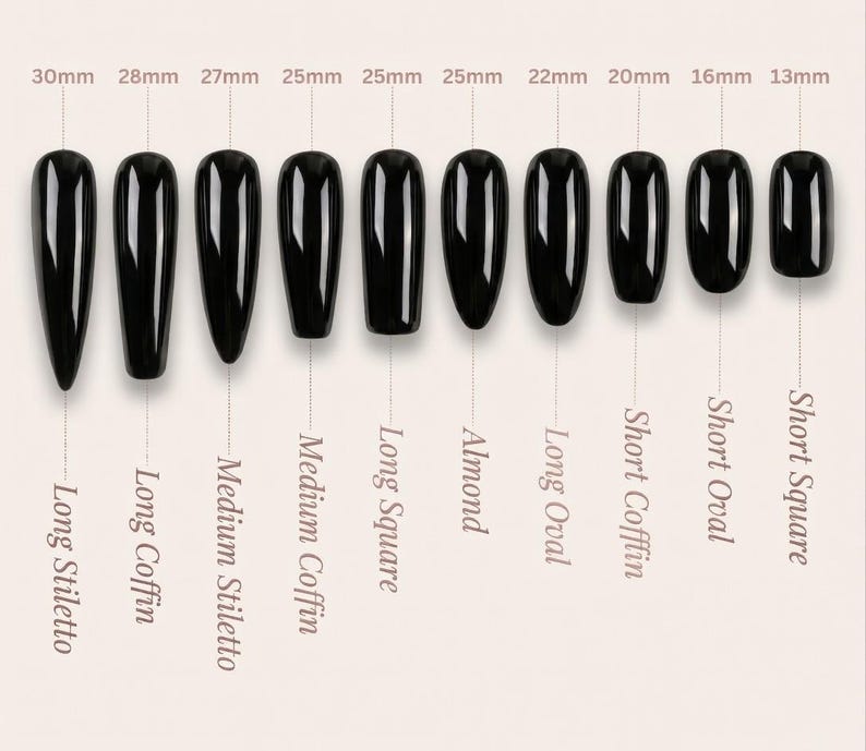 Nail art design chart showing various nail shapes and sizes with measurements.