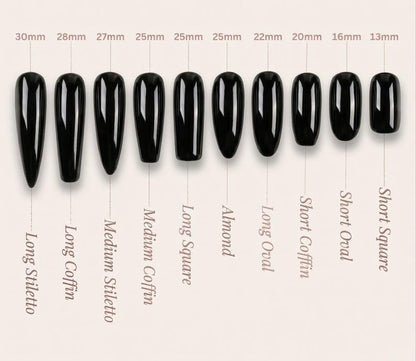 Nail art design chart showing various nail shapes and sizes with measurements.