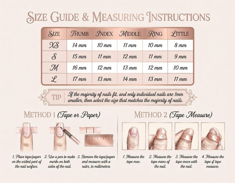 Size guide and measuring instructions for nail care products with measurements in millimeters.