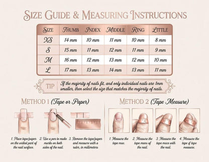 Size guide and measuring instructions for nail care products with measurements in millimeters.