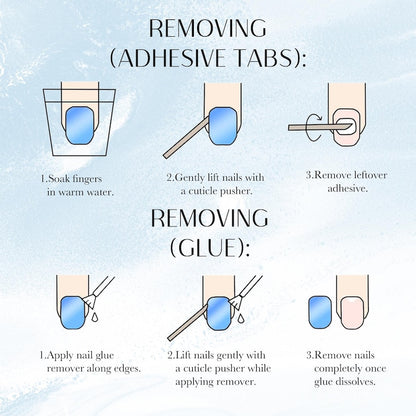 Step-by-step guide on removing adhesive tabs and glue from nails with illustrations and text.
