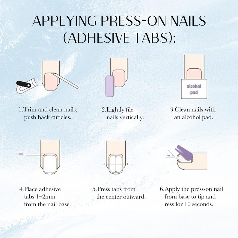 Step-by-step guide on applying press-on nails with adhesive tabs on a light blue background.