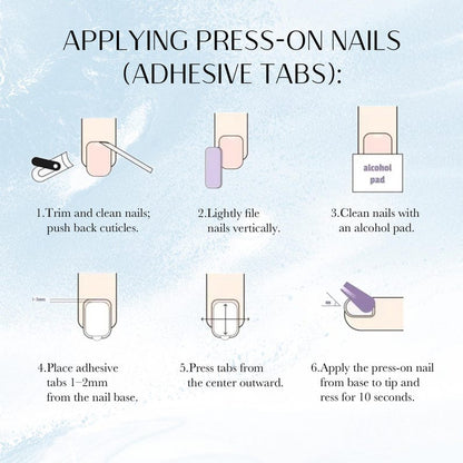 Step-by-step guide on applying press-on nails with adhesive tabs on a light blue background.