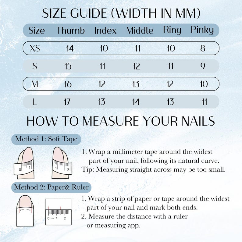 Size guide for nail widths with measurement methods on a light blue background