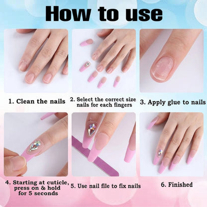 Step-by-step guide on how to use nail extensions with text instructions.
