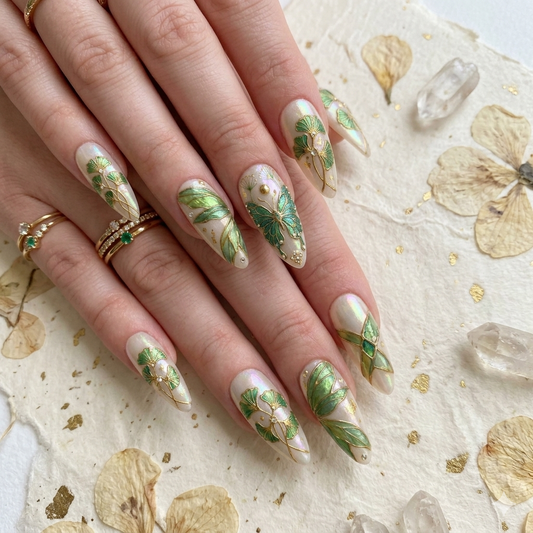 A luxury set of handmade press-on nails featuring intricate 3D green butterfly wings, golden ginkgo leaf motifs, and an ethereal pearlescent gel finish.