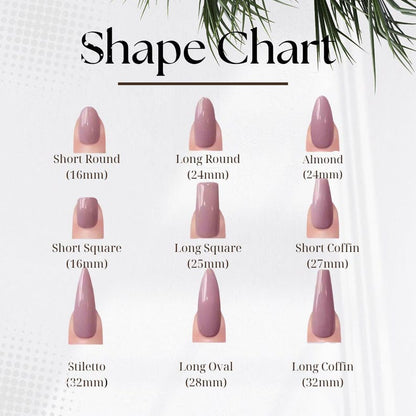 Nail shape chart with various nail shapes and their dimensions on a light background.