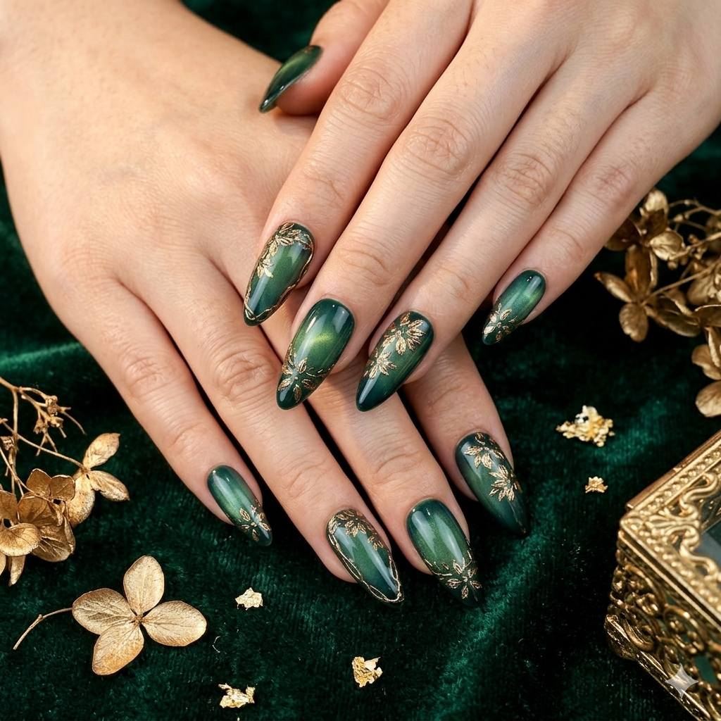 Close-up of hands with green nail polish and gold accents on a green fabric background.