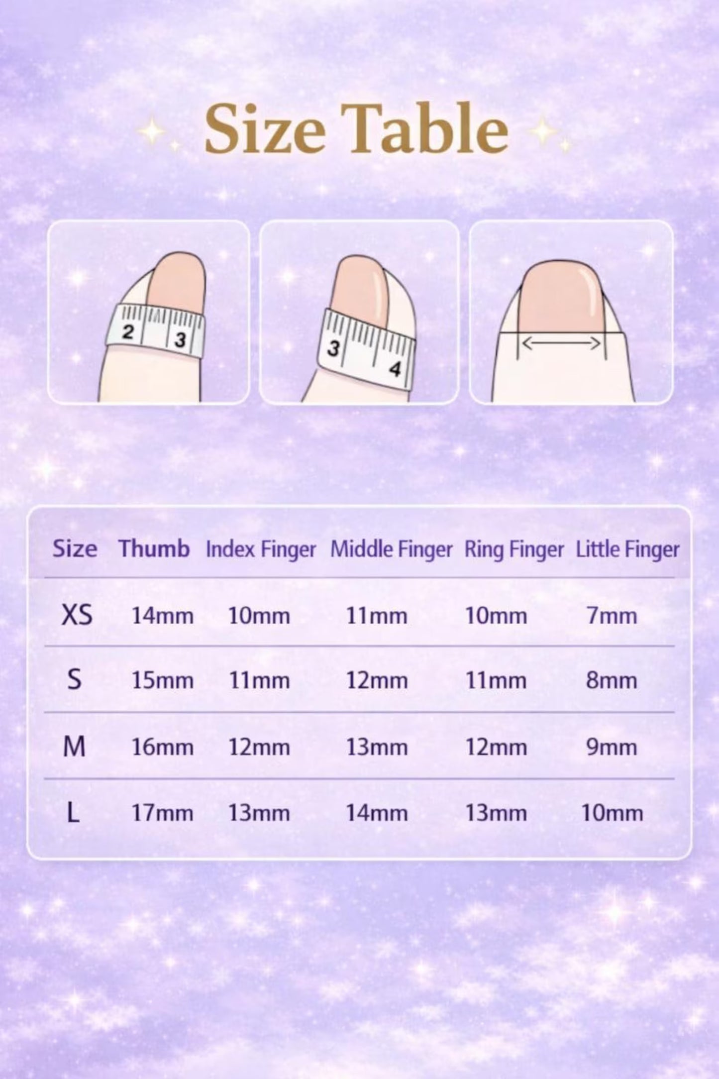 Size chart for finger measurements on a purple background with cartoon illustrations.