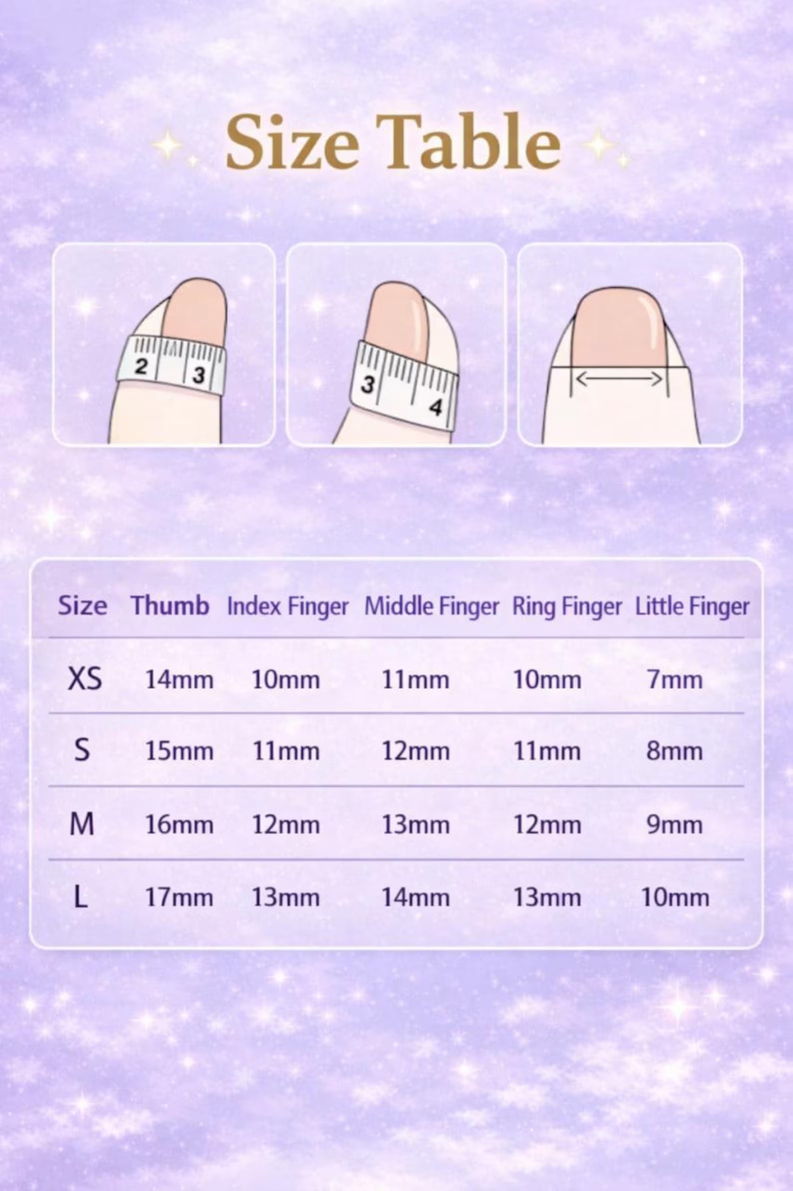 Size chart for finger measurements on a purple background with cartoon illustrations.