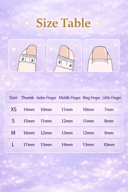 Size chart for finger measurements on a purple background with cartoon illustrations.