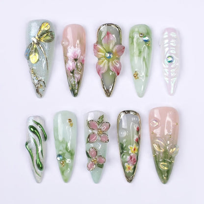 Spring pastel press on nails with 3D dragonfly, hand-painted flowers, and jade green marble design