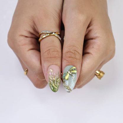 Reusable medium-long almond press on nails with garden 3D art, gold foil, and crystal embellishments for women