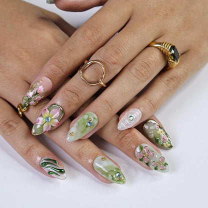 Enchanted garden 3D dragonfly floral press on nails with gold foil, crystal accents, and pastel mint pink jade green almond shape