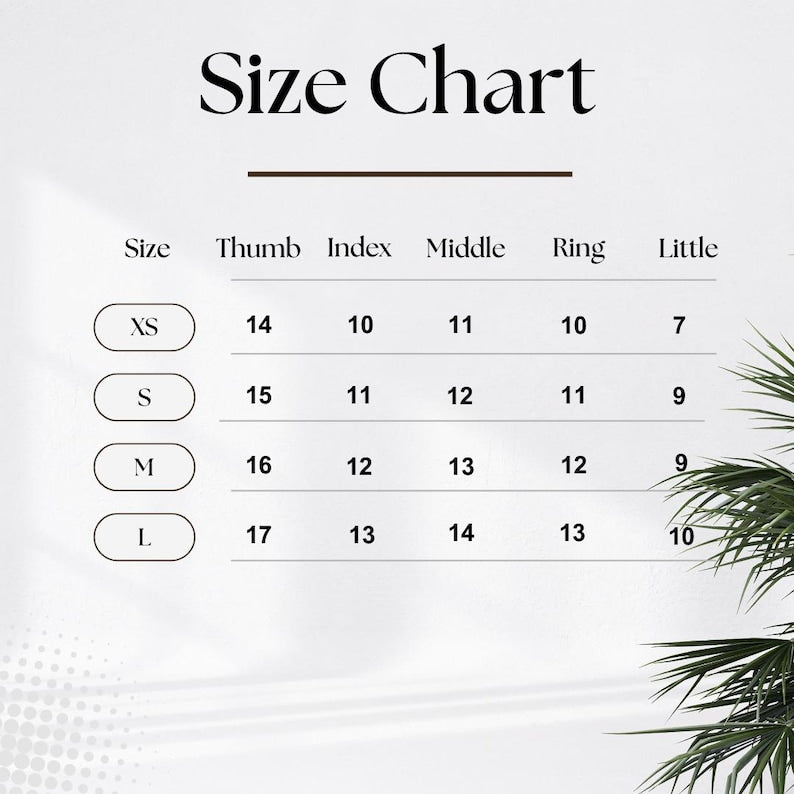 Size chart for fingers with measurements on a white background