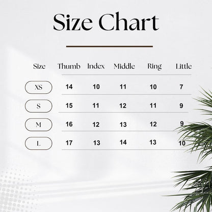Size chart for fingers with measurements on a white background