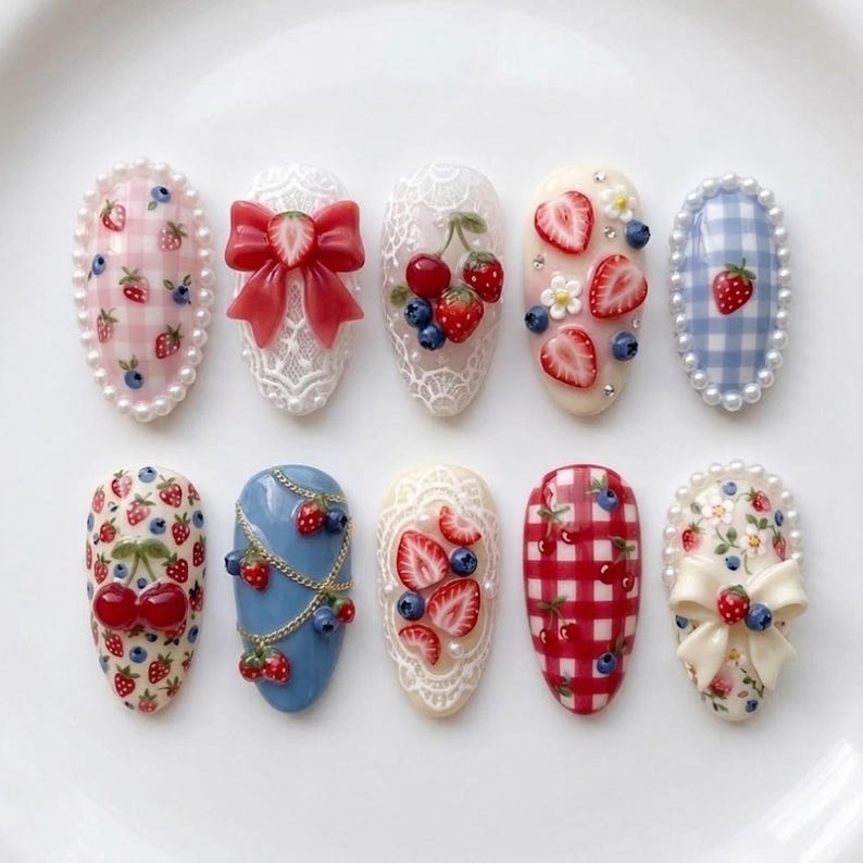 Cute cottagecore-style glue-on nails featuring gingham patterns and delicate lace.