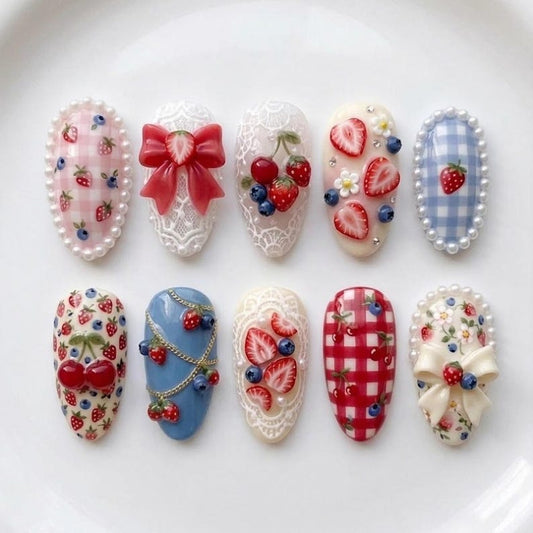 Cute cottagecore-style glue-on nails featuring gingham patterns and delicate lace.