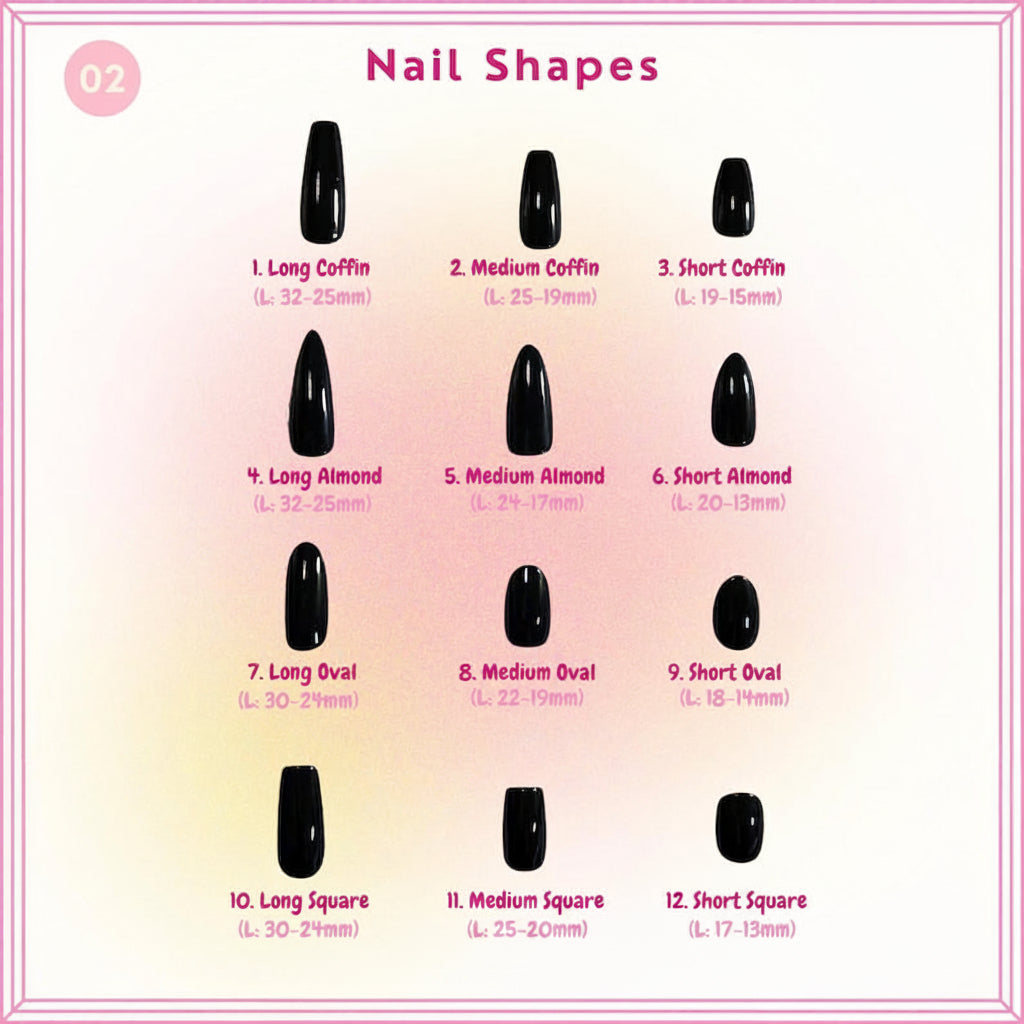 Chart of nail shapes with corresponding measurements and BurntCloud branding.