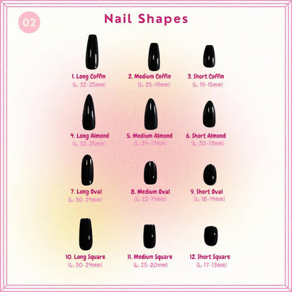 Chart of nail shapes with corresponding measurements and BurntCloud branding.
