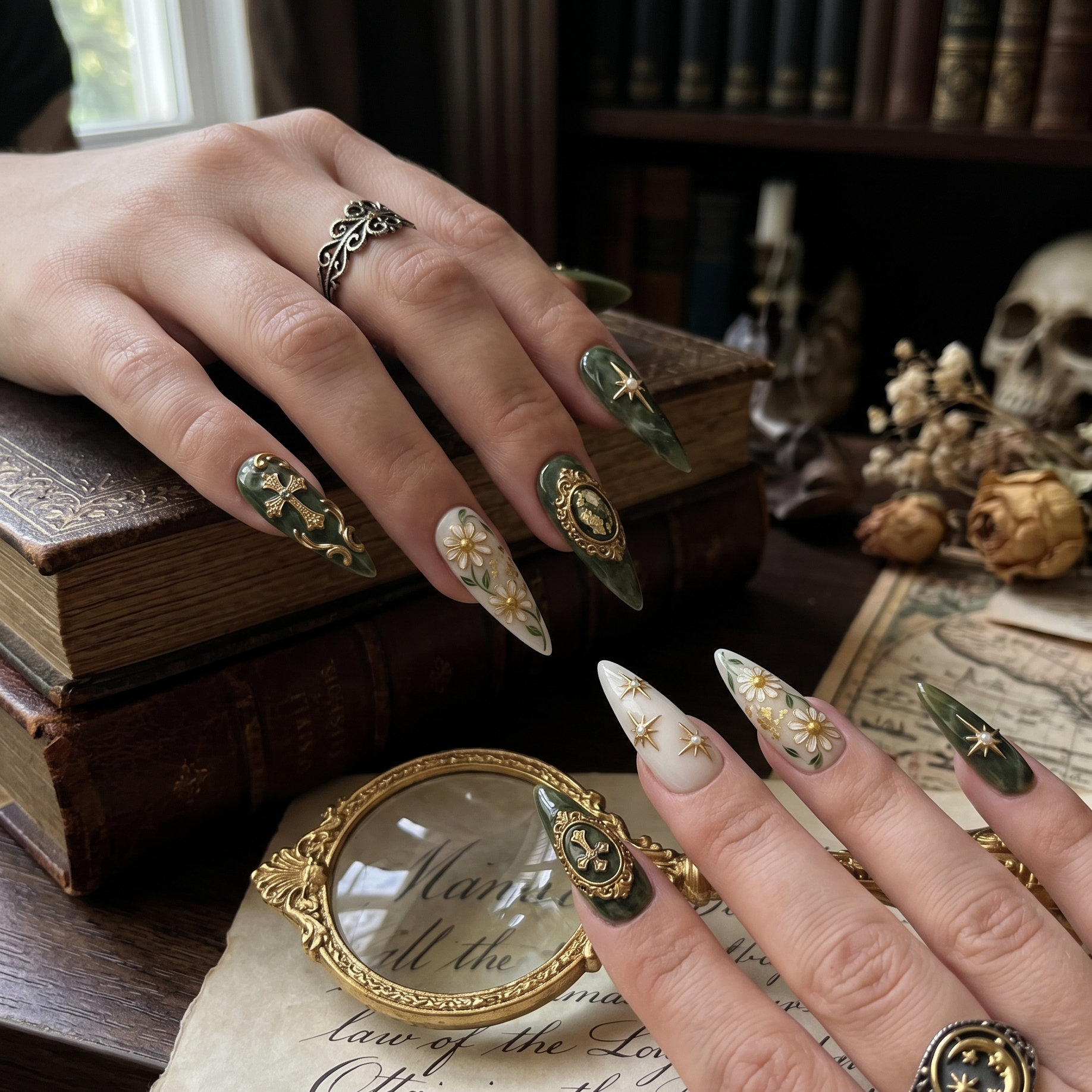 Luxurious Gothic Baroque press-on nails featuring a jade marble finish, 3D vintage gold cross charms, and hand-painted floral art.