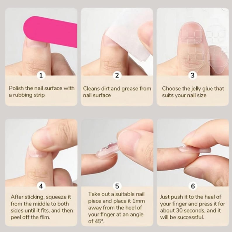 Step-by-step guide on applying nail glue with close-up shots of hands and text instructions.