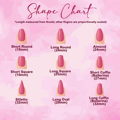 Nail shape chart with various nail shapes and measurements on a pink background