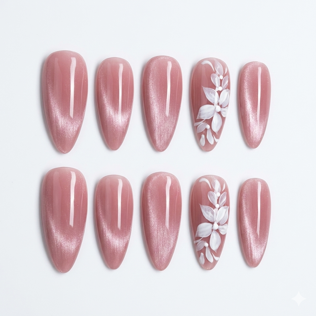 Close-up of intricate hand-painted floral motifs on premium cat-eye gel tips, showcasing the high-gloss finish and artistic detail of JRNAIL handmade nails.