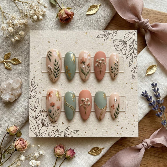 Close-up of botanical floral nail art on luxury gel fake nails, showcasing intricate leaf patterns and professional-grade hand-painted details.