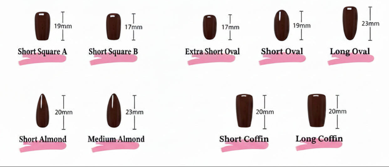 Illustration of different nail shapes with measurements on a white background