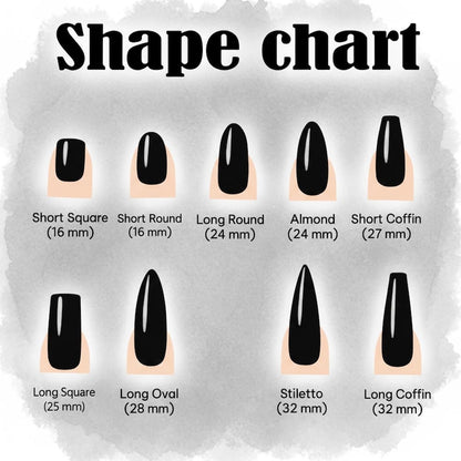 Nail shape chart with various nail shapes and their dimensions on a textured gray background.