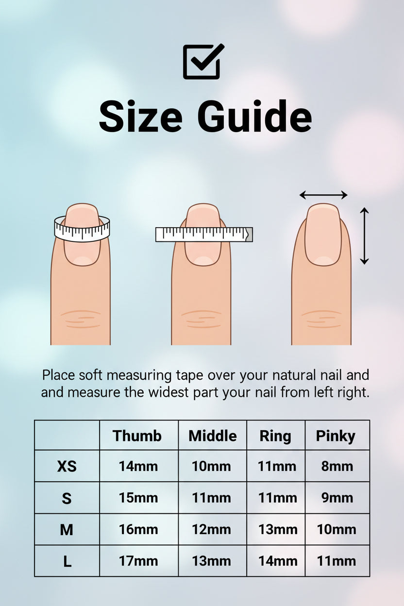 Nail size guide with measurements for different finger sizes on a colorful background