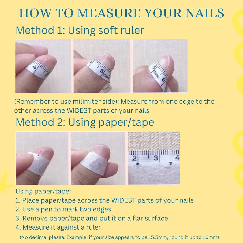 Instructions on how to measure nails using a soft ruler and paper/tape with measurements.