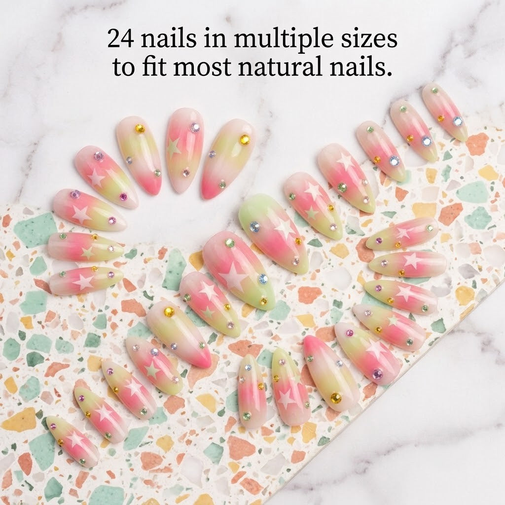 A full 24-piece set of handcrafted almond-shaped press-on nails arranged in a unique, artistic circular layout on a pastel terrazzo and marble background with text reading '24 nails in multiple sizes to fit most natural nails.