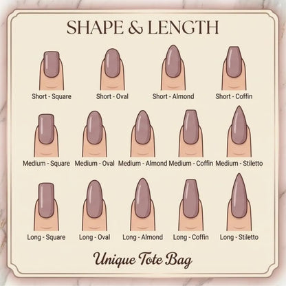 Chart showing different nail shapes and lengths with corresponding descriptions.