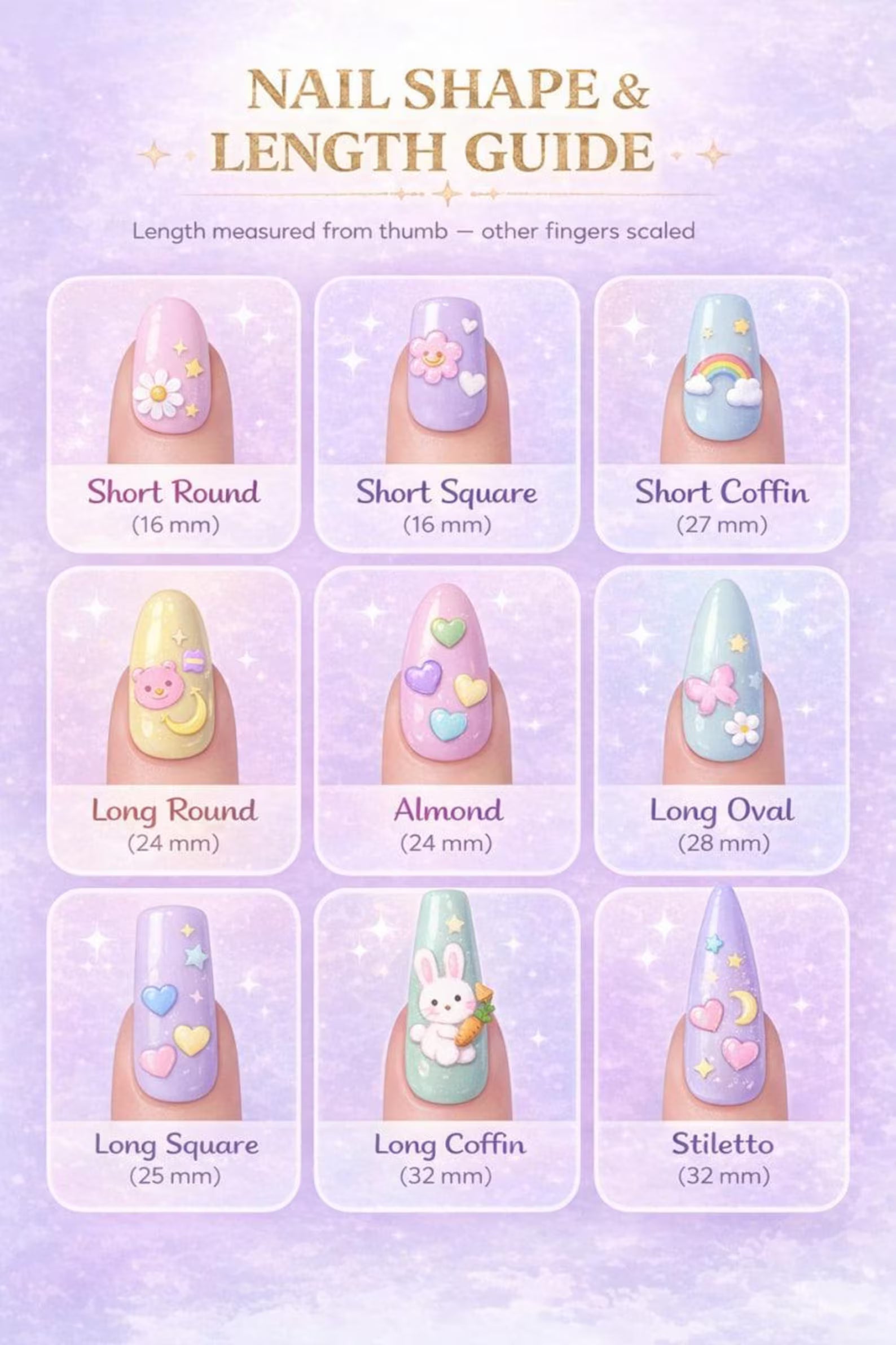 Nail shape and length guide with various nail designs on a purple background