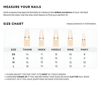 Size chart for measuring nail beds with illustrated fingers and corresponding measurements.