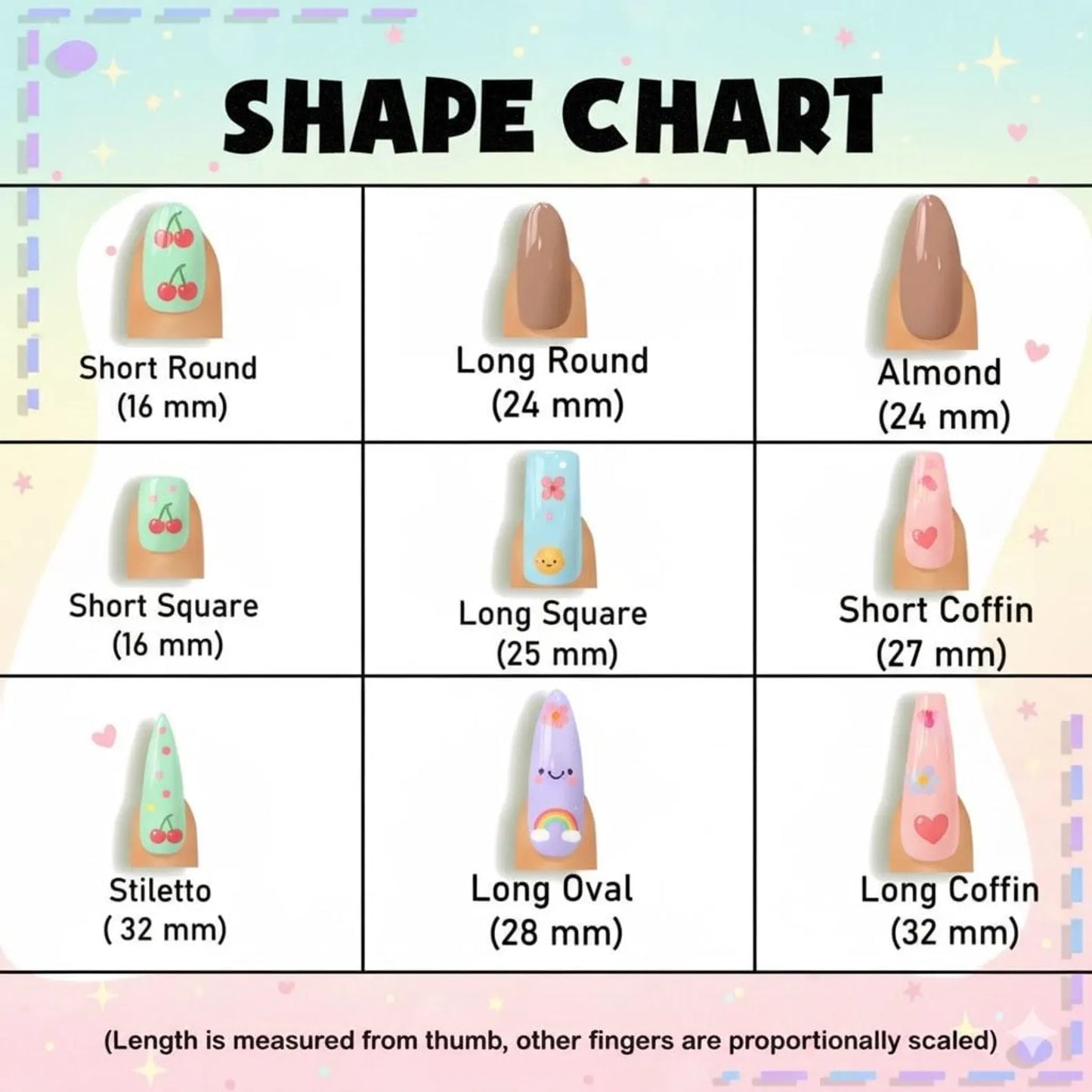Chart showing various nail shape options with measurements